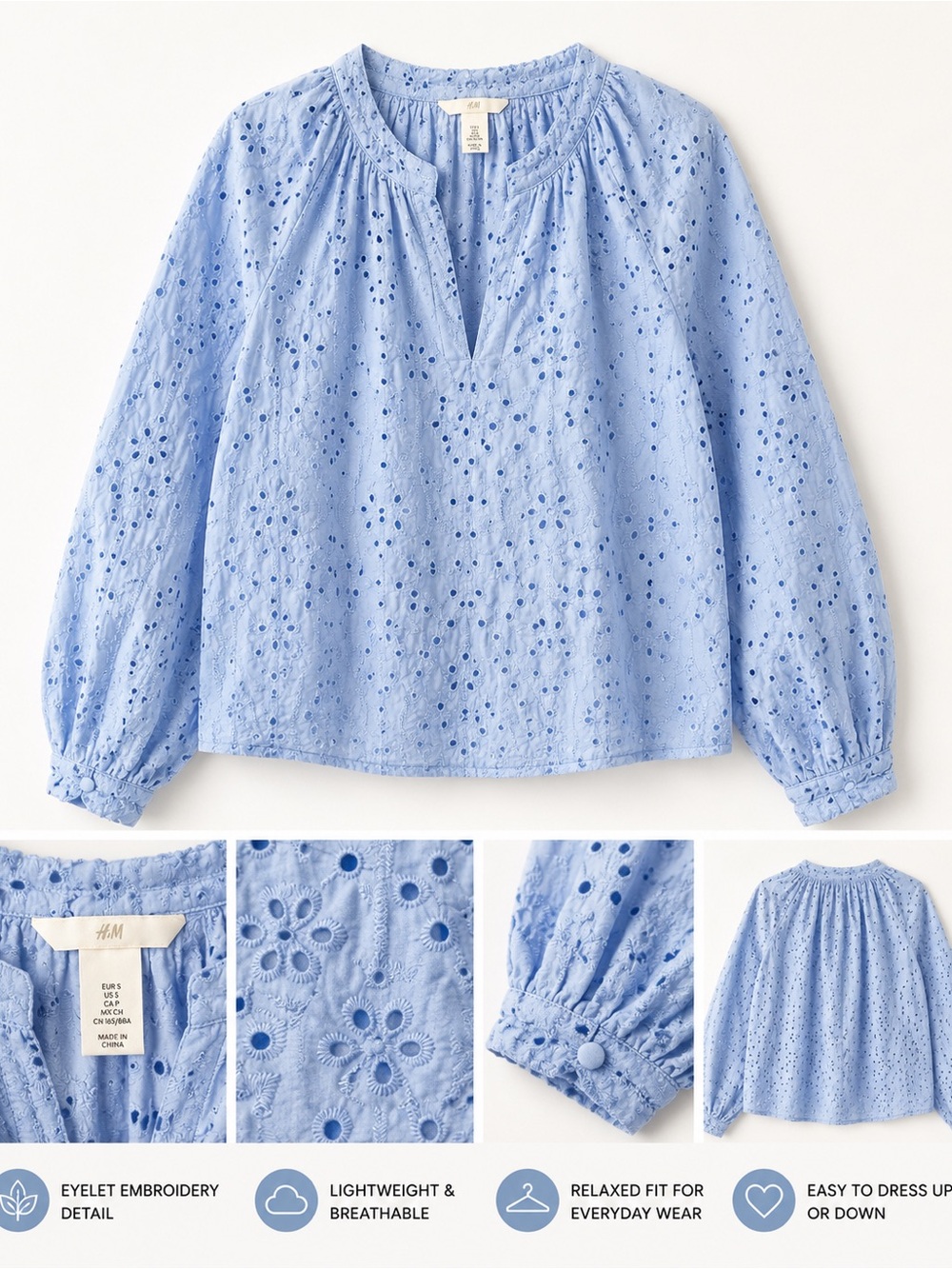 H&M Blue Eyelet Embroidered Blouse – Size S